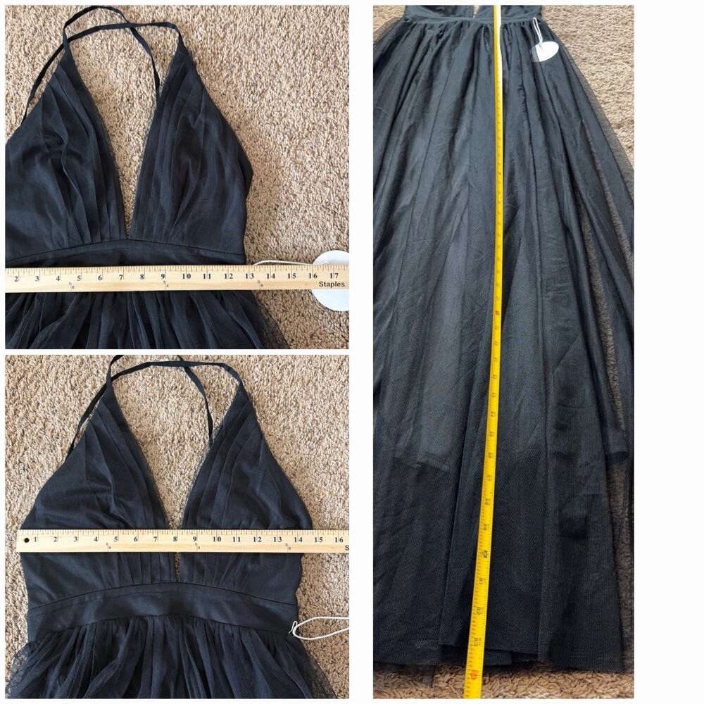Black Tulle Maxi Dress Plunge Halter Open Back Slit Prom Evening Luxxel S NWT - Picture 9 of 11